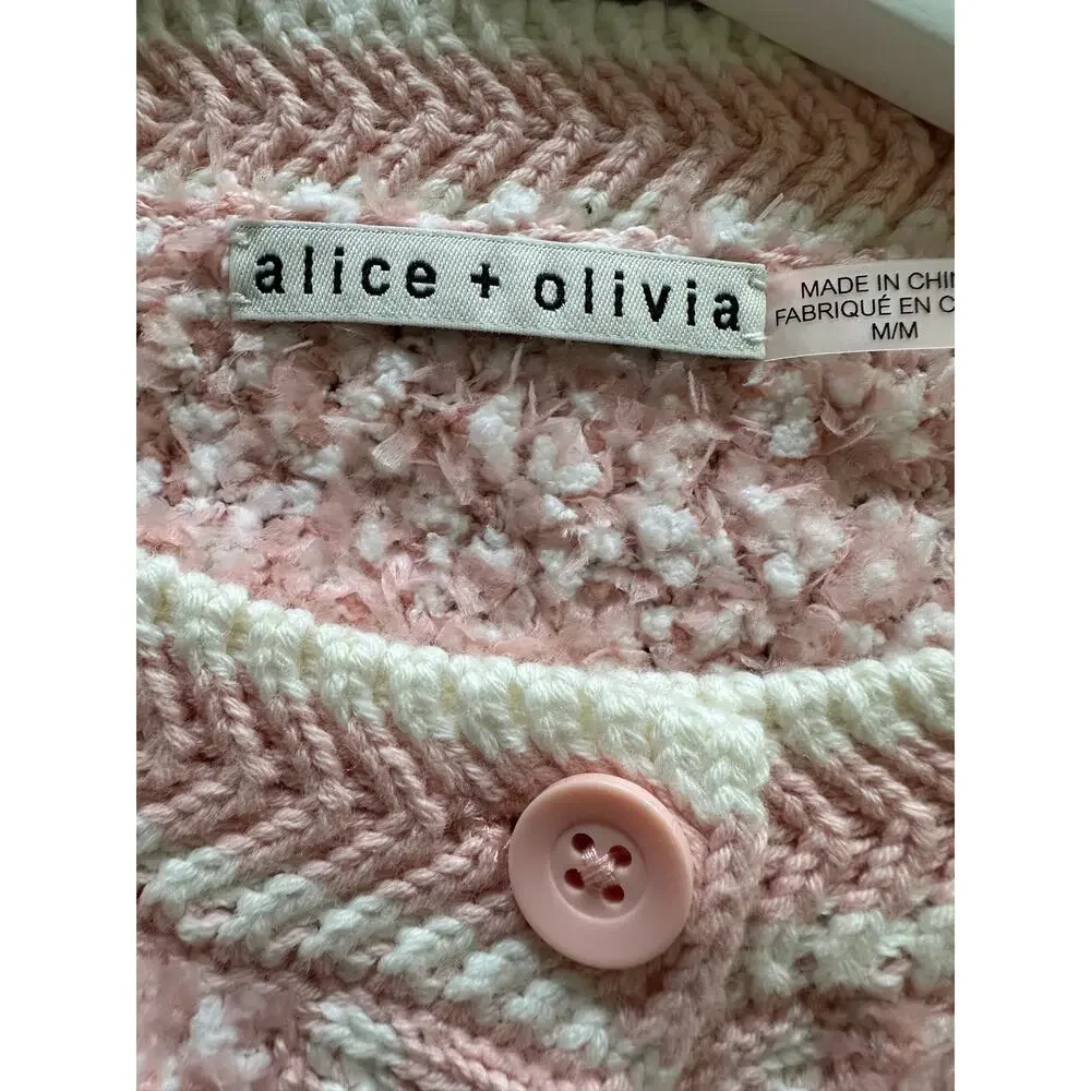 Alice + Olivia Noella Cropped Cardigan Medium Pink Boucle Knit Crew Button Front - Picture 5 of 15